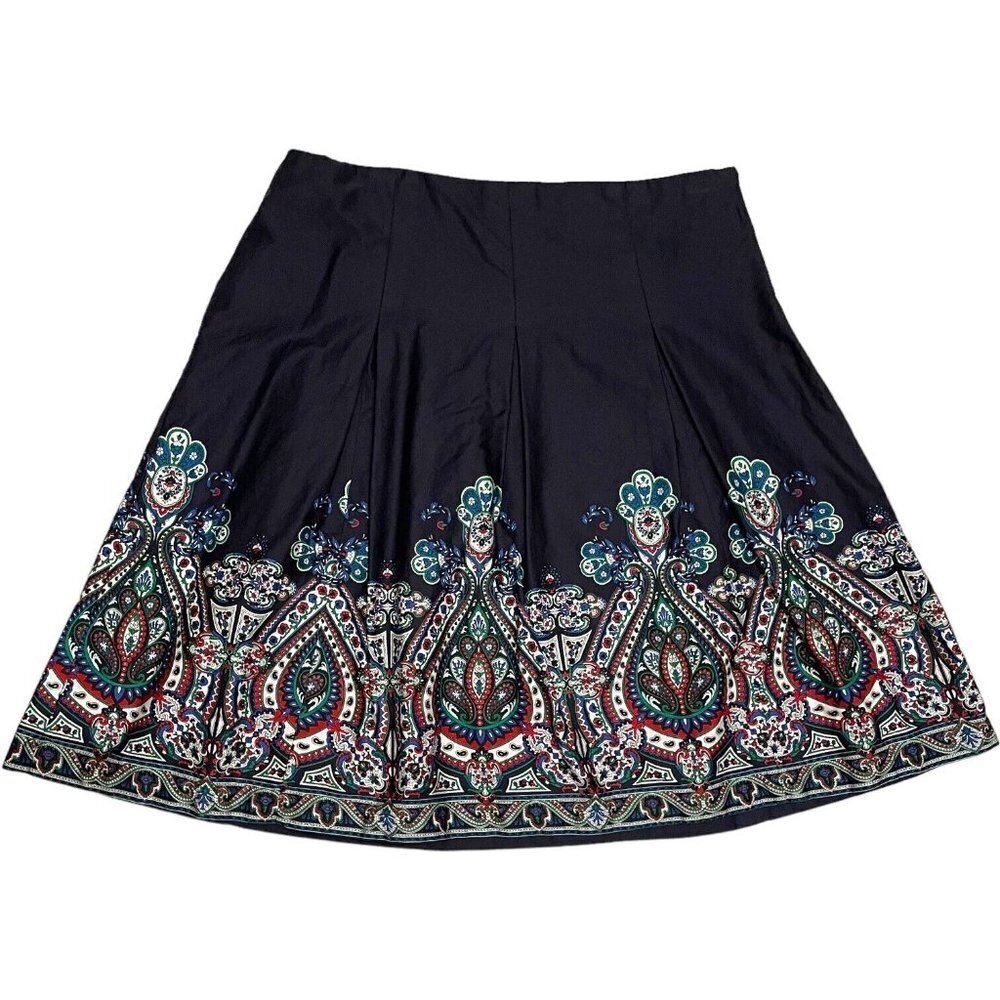 🍀Talbots Petite Navy Blue Paisley Pleated Knee Length Cotton A-Line Skirt Sz 14P
